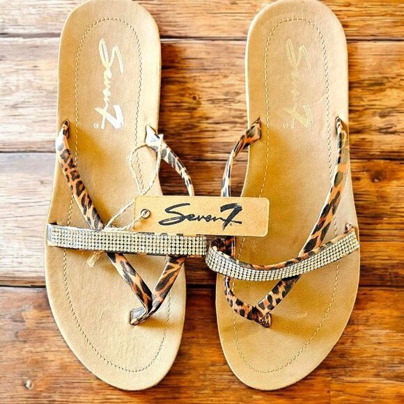 SEVEN7 Women's New In Bag Cheetah Rhinestone Faux Leather Thong/Sandal - Picture 2 of 16